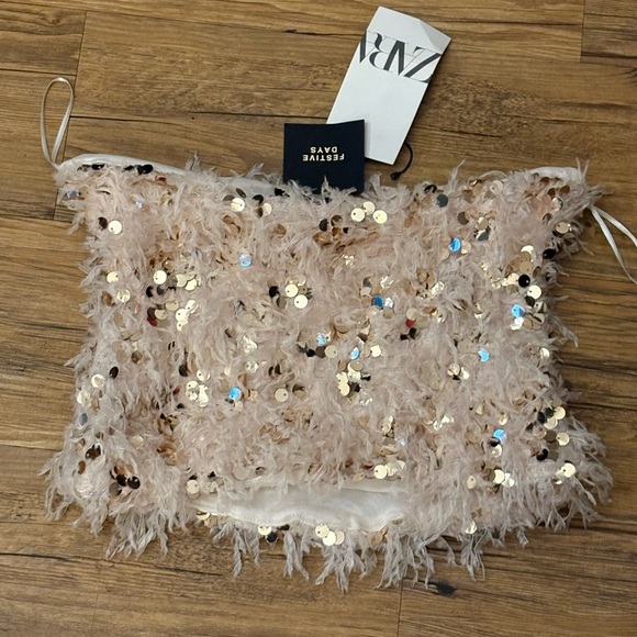 Nwt- zara- FRAYED SEQUIN TOP - Ecru-small - Picture 2 of 4